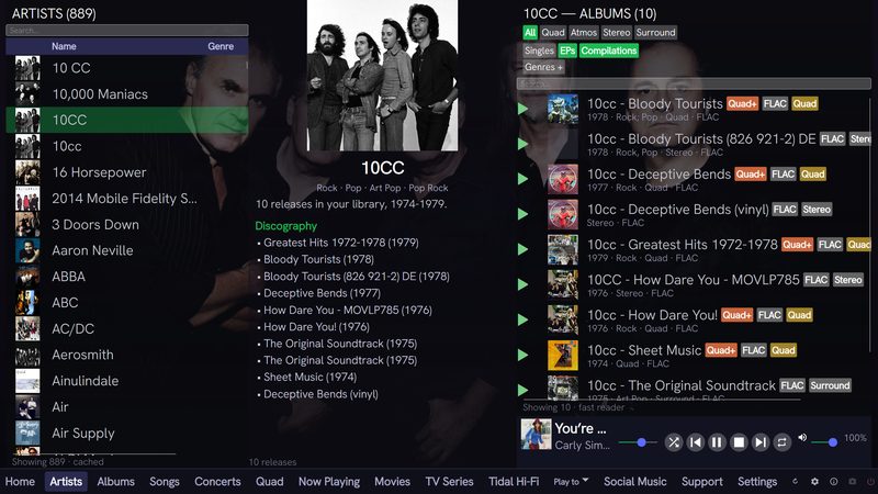 QSYNC Media Player artists view listing 889 artists with thumbnails, a selected artist showing fanart, genres and a full discography, and that artist's 10 releases filtered by format alongside