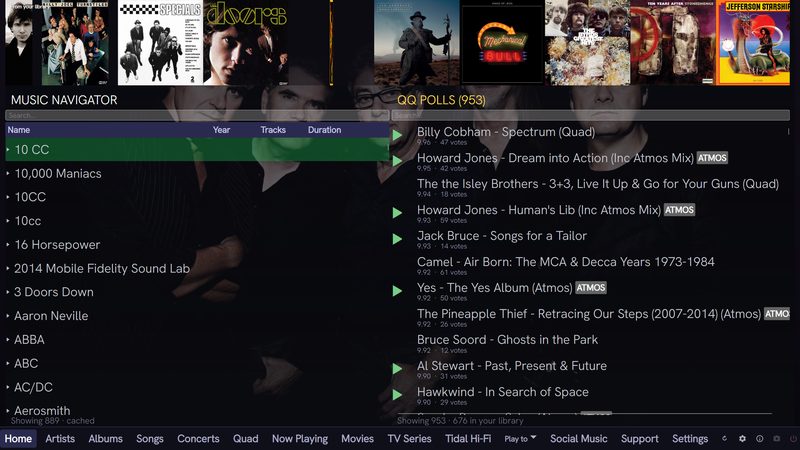 QSYNC Media Player home screen, a wall of real cover art beside an artist navigator