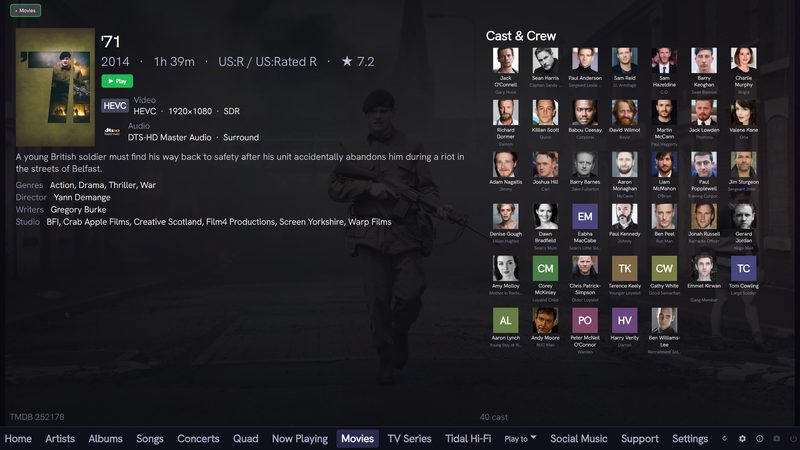 QSYNC Media Player film detail for 71 showing runtime, certification, rating, HEVC video and DTS-HD Master Audio, plot, director and writers, beside a cast and crew grid of 40 people