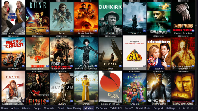 The movies library grid, posters badged 4K UltraHD or HD