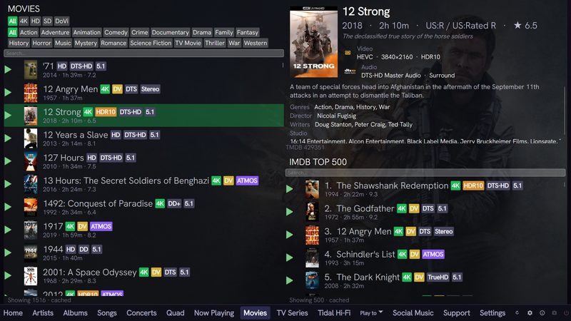 QSYNC Media Player movies view with a filterable list of 1,516 films on the left, the selected film's details on the right showing 4K, HDR10 and DTS-HD badges with codec and resolution, and an IMDB Top 500 panel beneath