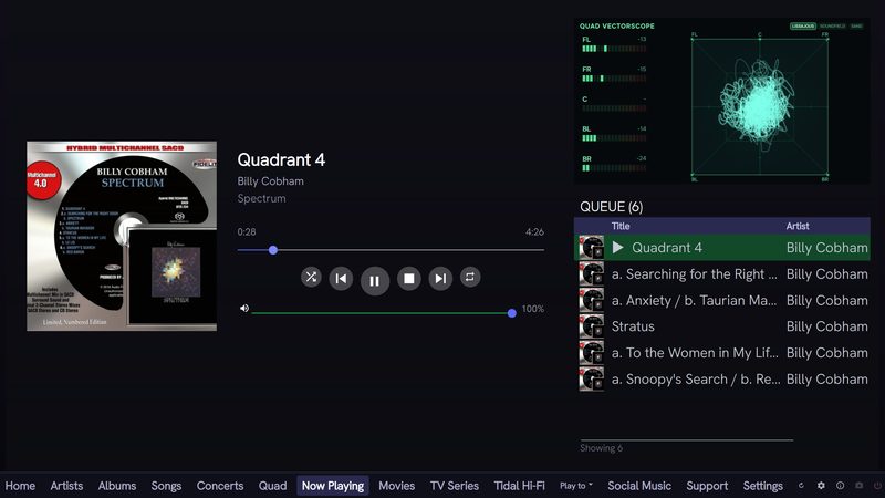 QSYNC Media Player now playing screen for Billy Cobham Spectrum on a 4.0 multichannel SACD, with the quad vectorscope drawing a live Lissajous trace and per-channel meters