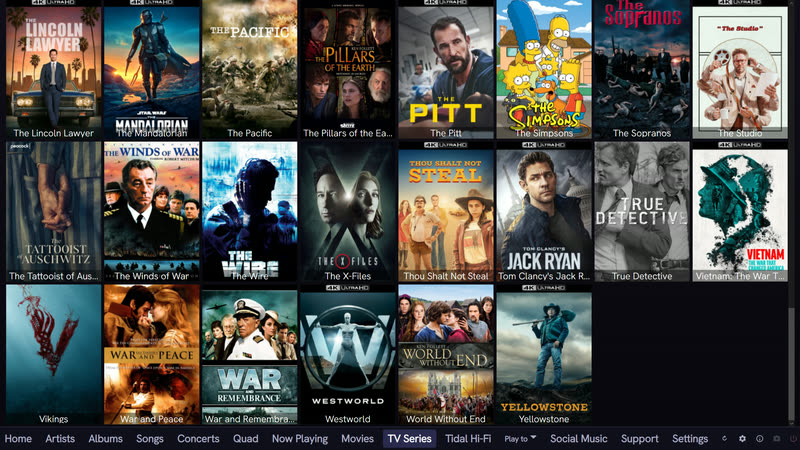 QSYNC Media Player TV series library grid of series posters badged 4K UltraHD, from The Lincoln Lawyer and The Mandalorian through to Yellowstone