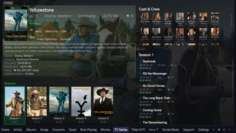 QSYNC Media Player TV series detail for Yellowstone showing five seasons and watched progress, 4K HEVC video with Dolby Digital Plus surround audio, a 32-strong cast grid, and a season one episode list with per-episode 4K, HD, DD+ and 5.1 badges