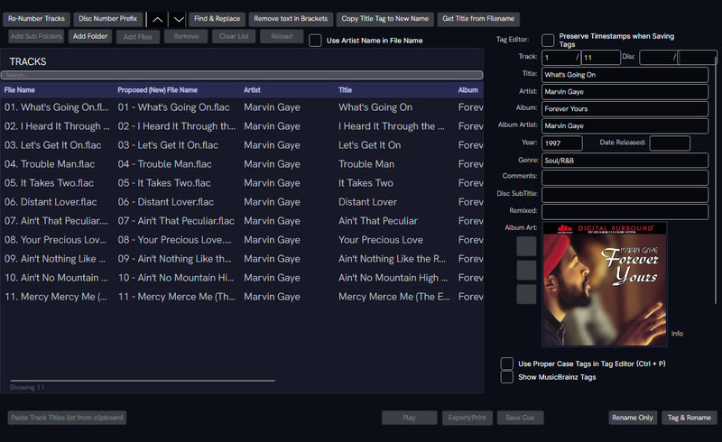 QSYNC Music Tagger tag editor with a fully populated album - track list, tags and cover art